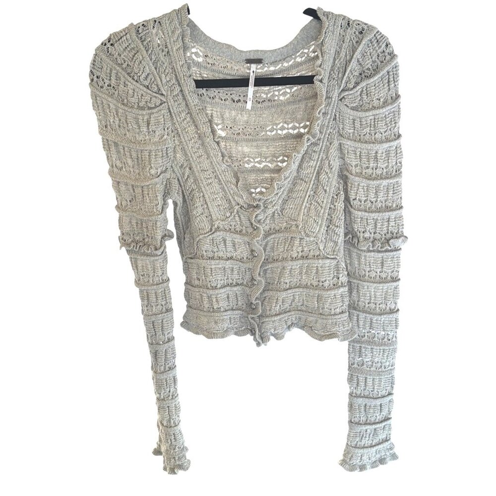 Free People Wild Roses Cardi Ruffle Lace Knit Cardigan Light Soft Grey XS New - Picture 4 of 13